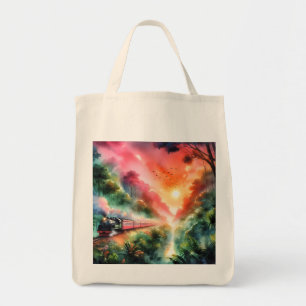 Bolsa Tote Viagem de Trem Pôr do Sol Tropical em Aquarela