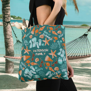 Bolsa Tote Viagem Familiar Vibes de Verão na Praia Teal Perso
