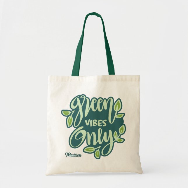 Bolsa Tote Vibes verdes de nome personalizado (Frente)