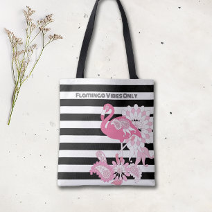 Bolsa Tote Vibrações de Flamingo Rosa Apenas Listras Preto e