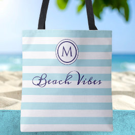 Bolsa Tote Vibrações de Praia Azul Branco Listra Monograma Co