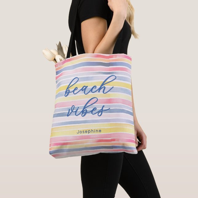 Bolsa Tote Vibrações de Praia em Aquarela com Listras Pastéis (Close Up)