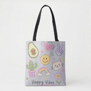 Bolsa Tote Vibrações Felizes Kawaii Doodle Sorriso Fofo Arc