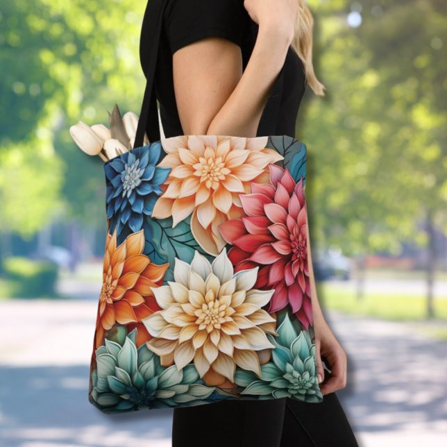 Bolsa Tote Vibrant Dahlia Floral Colorful Allover Patterno (Kaleidoscope Dahlia Delight Floral Tote)