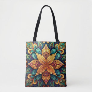 Bolsa Tote Vibrant Floral Mandala Trabalho de arte