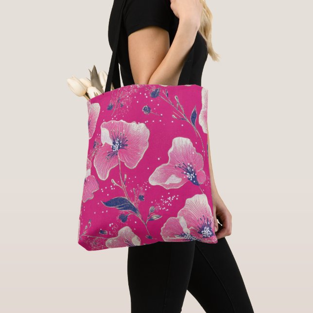 Bolsa Tote Vibrant Floral Pattern in Pink, White & Royal Blue (Close Up)