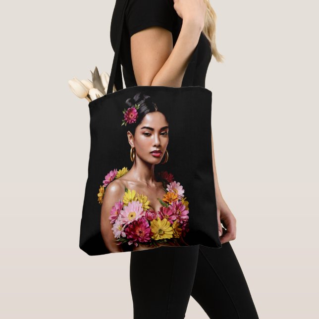 Bolsa Tote Vibrant Floral Woman Portrait Moody Art (Close Up)