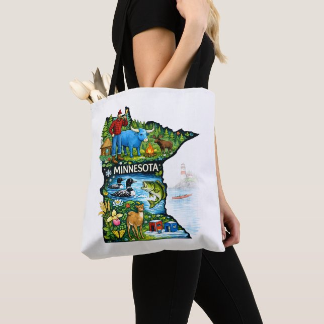 Bolsa Tote Vibrant Minnesota State Map-Paul Bunyan/Northwoods (Close Up)