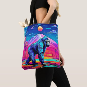 Bolsa Tote Vibrant Neon Gorilla em uma cena da selva surreal