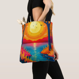Bolsa Tote Vibrant Orange Sunset Lake Landscape Art