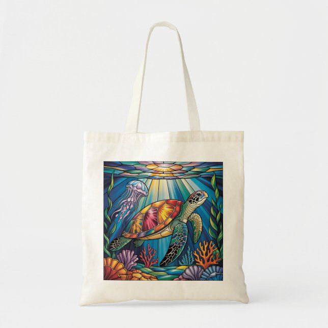 Bolsa Tote Vibrant Stained Glass Sea Turtle Ocean Design (Frente)
