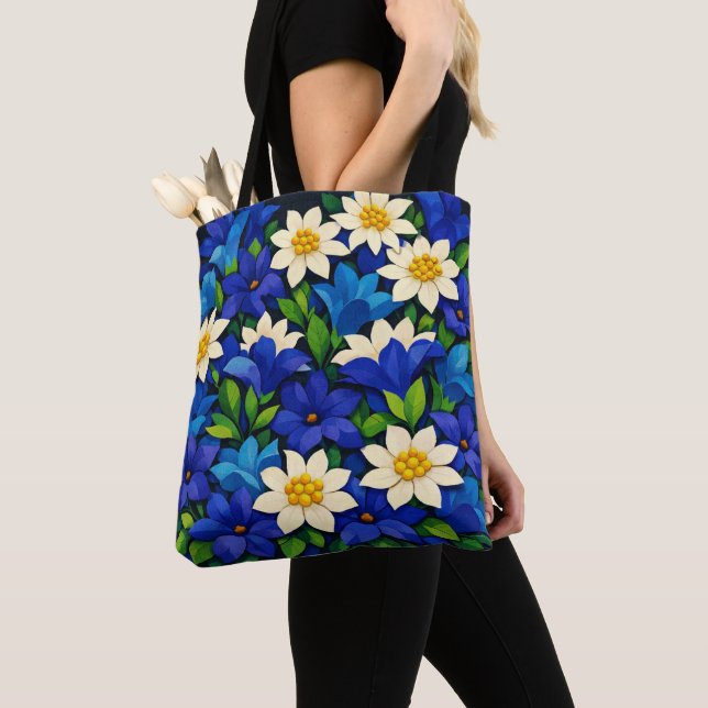Bolsa Tote Vibrante Azul e Branco Floral (Close Up)
