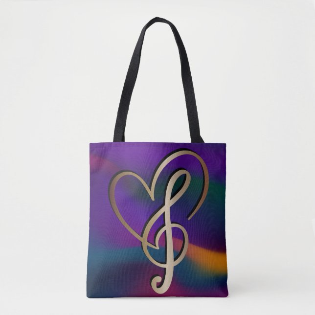 Bolsa Tote Vibrante Eu Adoro Dourada Música Coração Nota (Frente)
