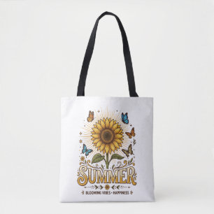 Bolsa Tote Vibrante girassol de verão em flor com borboletas