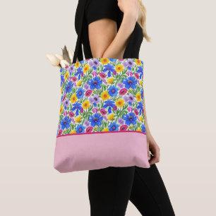 Bolsa Tote Vibrantes Flores Azuis Amarelas Vermelhas Roxas Bl