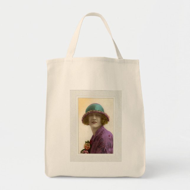 Bolsa Tote Victorian beauty in hat purple teal dress (Frente)