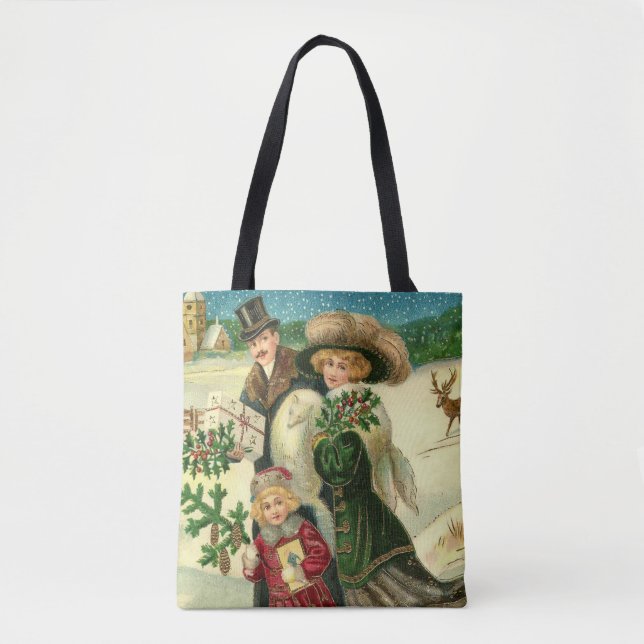 Bolsa Tote Victorian family in the snow Christmas scene (Frente)