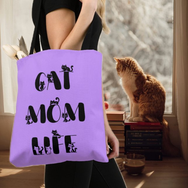 Bolsa Tote Vida de Mãe de Gato Moderna Roxa Dia das Mães Fofo (Criador carregado)