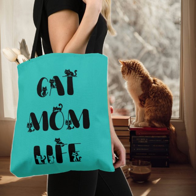 Bolsa Tote Vida de Mãe de Gato Moderna Verde Turquesa Dia das (Criador carregado)