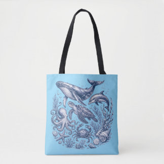 Bolsa Tote Vida Marinha Vintage Azul Claro Náutico