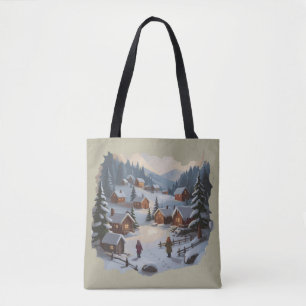 Bolsa Tote Vila de Inverno do Natal Retro dos Anos 90 Montanh