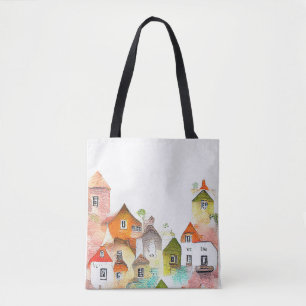 Bolsa Tote Village House Landscape Scenery Nature Watercolor