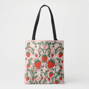 Bolsa Tote Vinhas Florais Rosa e Vermelho Morango Fofo