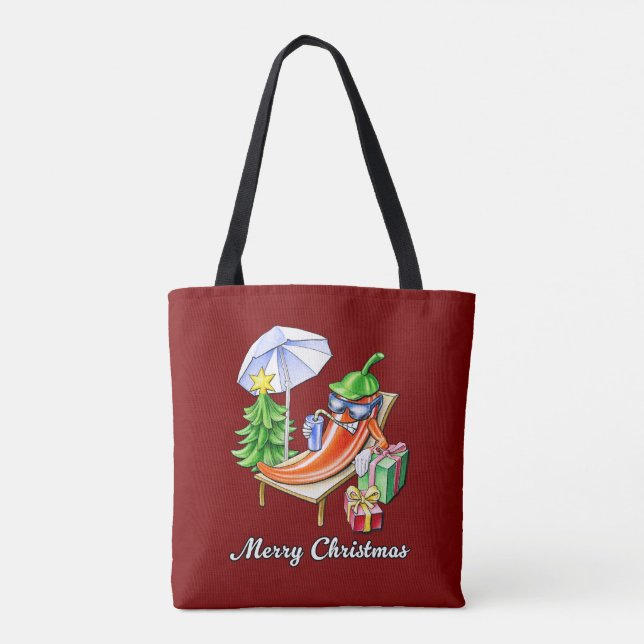 Bolsa Tote Vinho Vermelho Engraçado Pimenta De Natal Feliz (Verso)