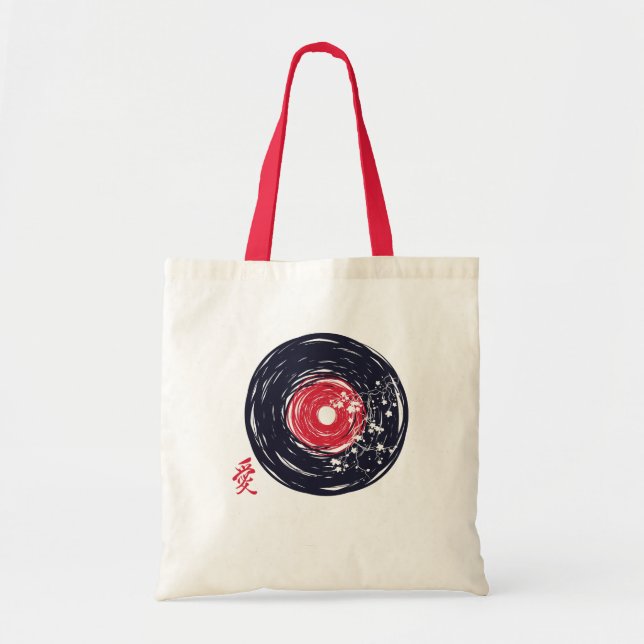 Bolsa Tote Vinil Record Retro Grunge Com Sakura Blossomo (Frente)