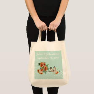 Bolsa Tote Vintage Amor de Pássaro Cerejeira em Flor Pêssego