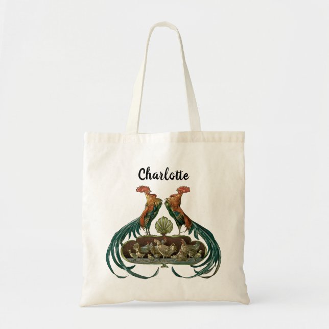 Bolsa Tote Vintage Art Nouveau Chickens and Roosters (Frente)
