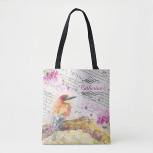 Bolsa Tote Vintage bird on tree rosa flower decoupage