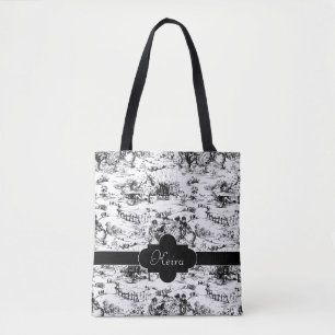 Bolsa Tote Vintage Black and White Country Toile
