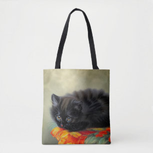 Bolsa Tote Vintage Black Kitten com Red Flower Blanket