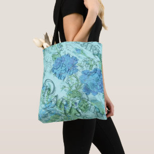 Bolsa Tote Vintage Blue Floral French Paris Postmark Pattern