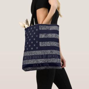 Bolsa Tote Vintage Blue USA American Flag Distinto Text