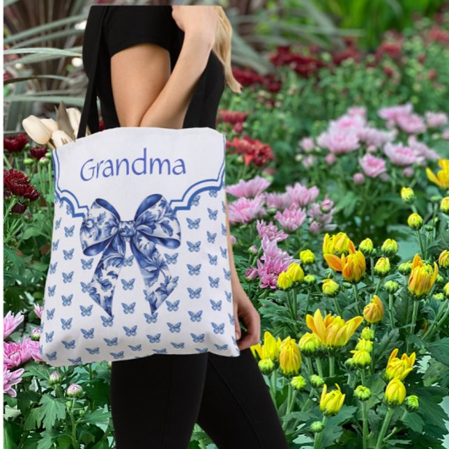 Bolsa Tote Vintage Blue White Butterfly Bow Personalized (Lovely personalized tote bag)