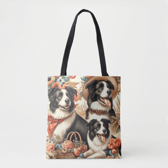 Bolsa Tote Vintage Border Collie Painting (Frente)