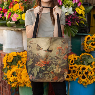 Bolsa Tote Vintage botânica de beija-flores