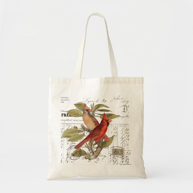 Bolsa Tote Vintage Cardinal Birds - Saco Diário Francês (Frente)