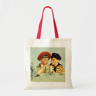 Bolsa Tote Vintage Children, Boy and Girl Sharing a Shake