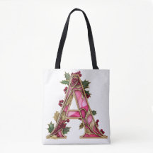 Vintage Christmas Pink Gold Holly Monogram A