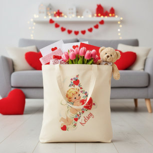 Bolsa Tote Vintage Cupid com Namorados de Nome Personalizado