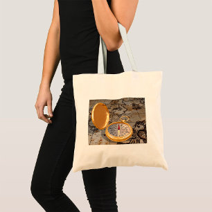 Bolsa Tote Vintage Dourado Compass on Antique Pirate Map