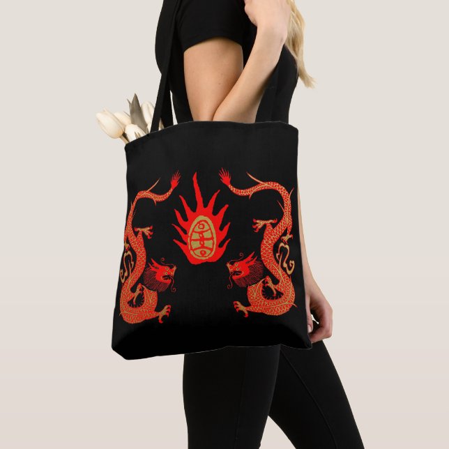 Bolsa Tote Vintage Dragon Holiday Red and Black (Close Up)