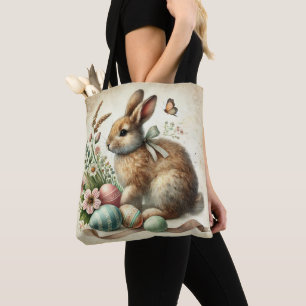 Bolsa Tote Vintage Easter Bunny Rabbit Watercolor