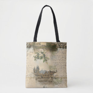 Bolsa Tote Vintage European River Scense - Script manuscrito