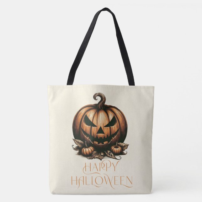 Bolsa Tote Vintage feliz abóbora do Halloween (Frente)
