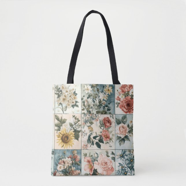 Bolsa Tote Vintage Floral Patch Style Design (Frente)