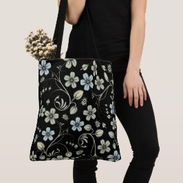 Bolsa Tote Vintage Floral Pattern with Ladybugs on Black